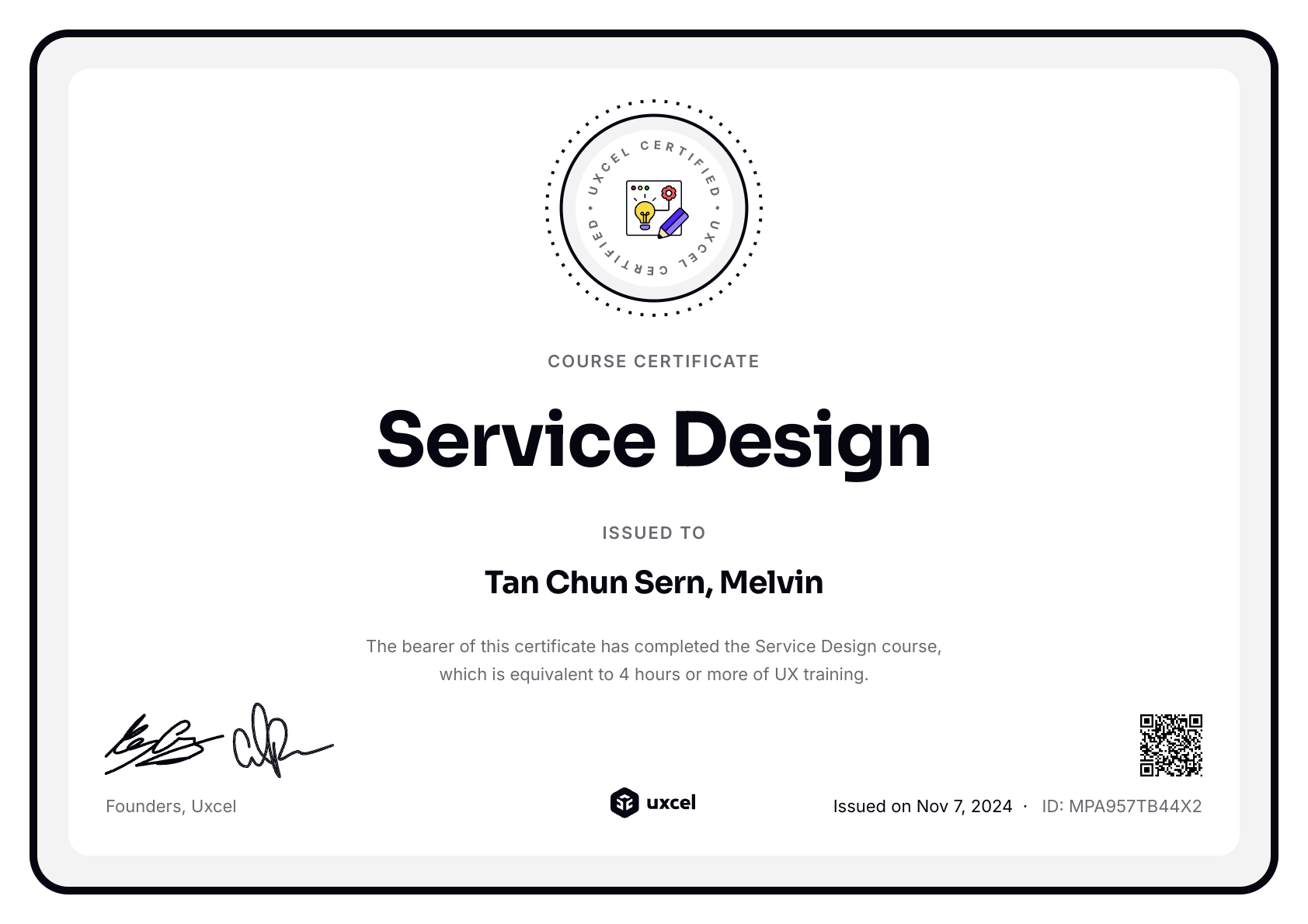 Tan Chun Sern, Melvin's certificate